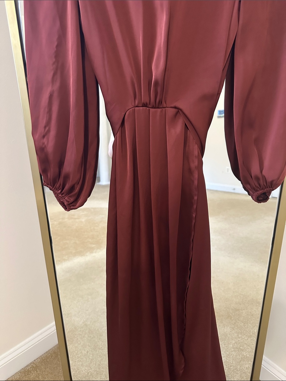 Long Burgundy Satin Dress with Puff Sleeves - Picture 9 of 9